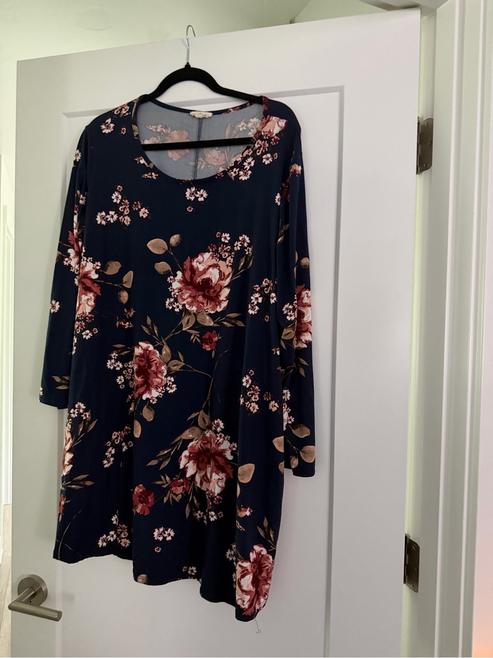 Navy Floral Long-Sleeve Swing Dress with Rose Print